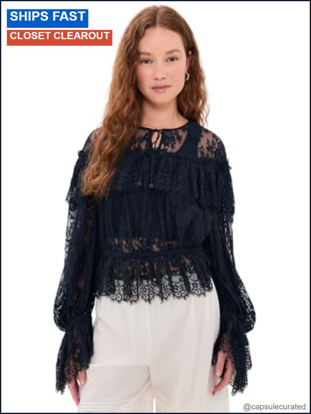 Lace Mesh Long Sleeve Tie Neck Top with Bead Tassel